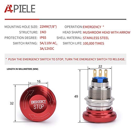 22mm Metal Emergency Stop Push Button Switch 22mm ( 7/8") A Type 22mm Type B