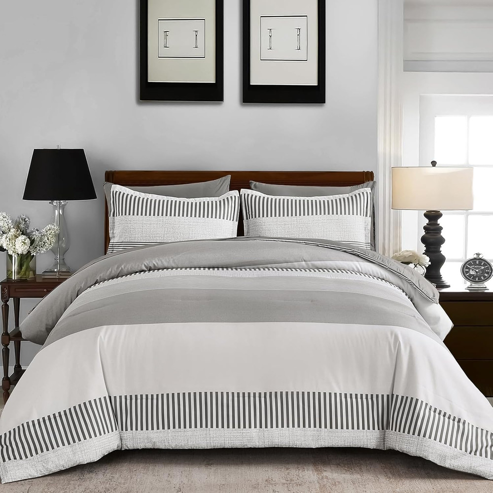 Gray Comforter Queen 7 Pieces,Classic Striped Design Comforter Set,Grey Bedding