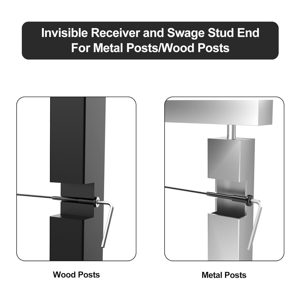 1/8" Black Invisible Receiver and Swage Stud End Fitss Cable Railing 60 Pack