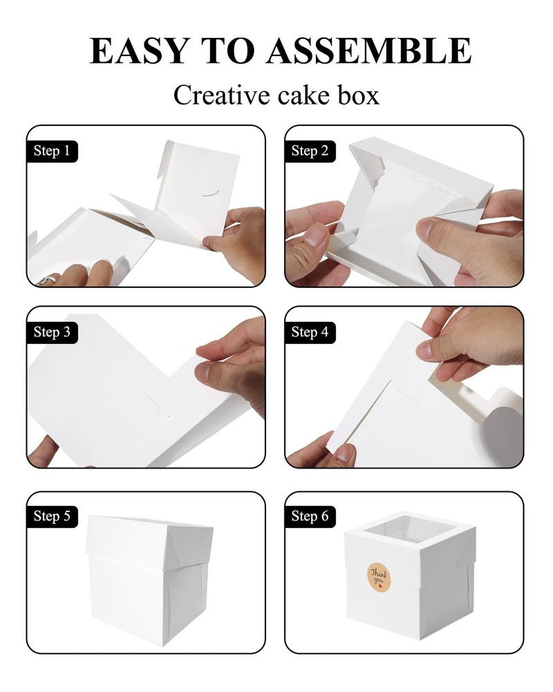 4Pcs 6x6x6 Inches Mini Cake Boxes, White Square Bakery Boxes with Window, Sma...
