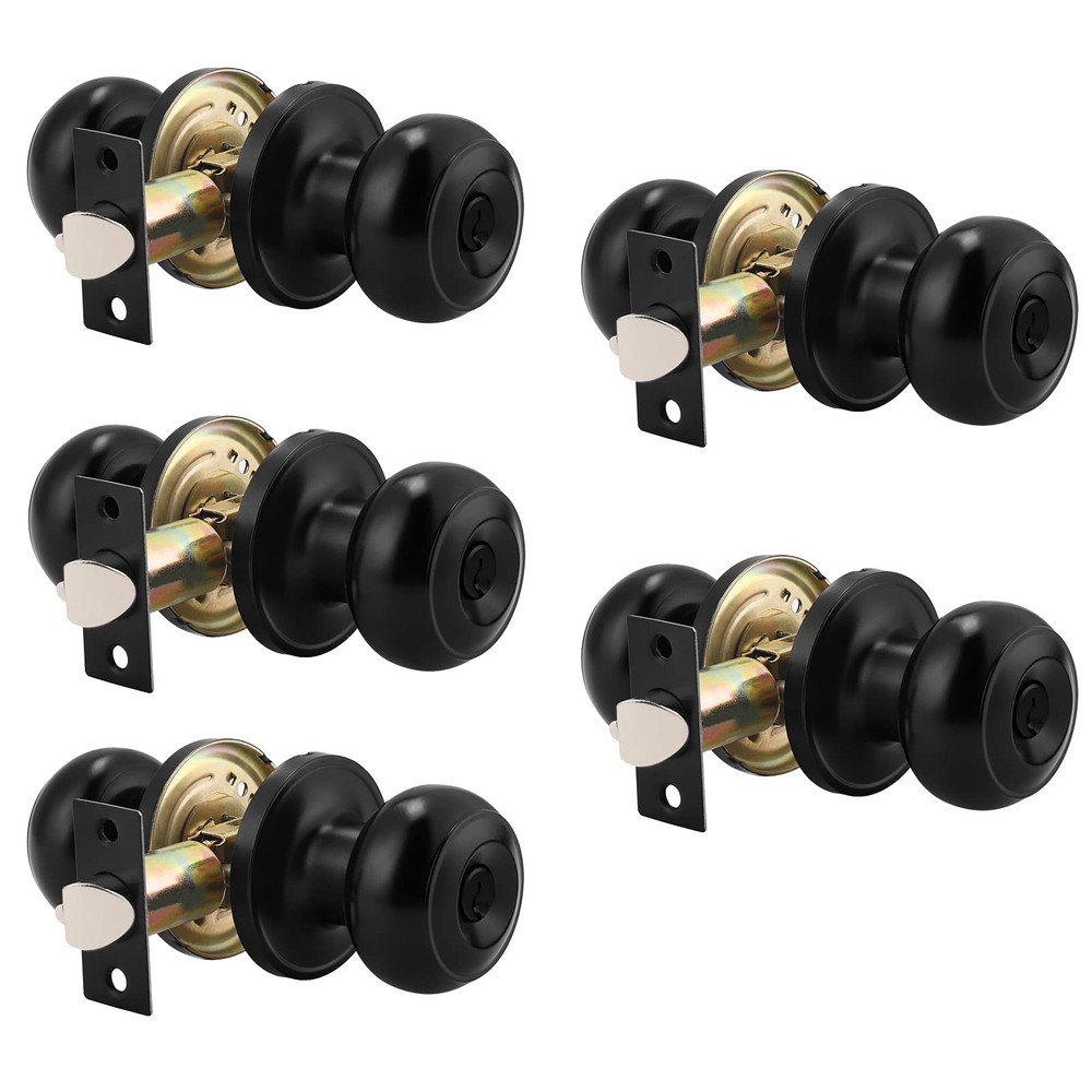 Probrico (5 Pack) Black Round Entry Door Knobs Keyed Alike, 5,