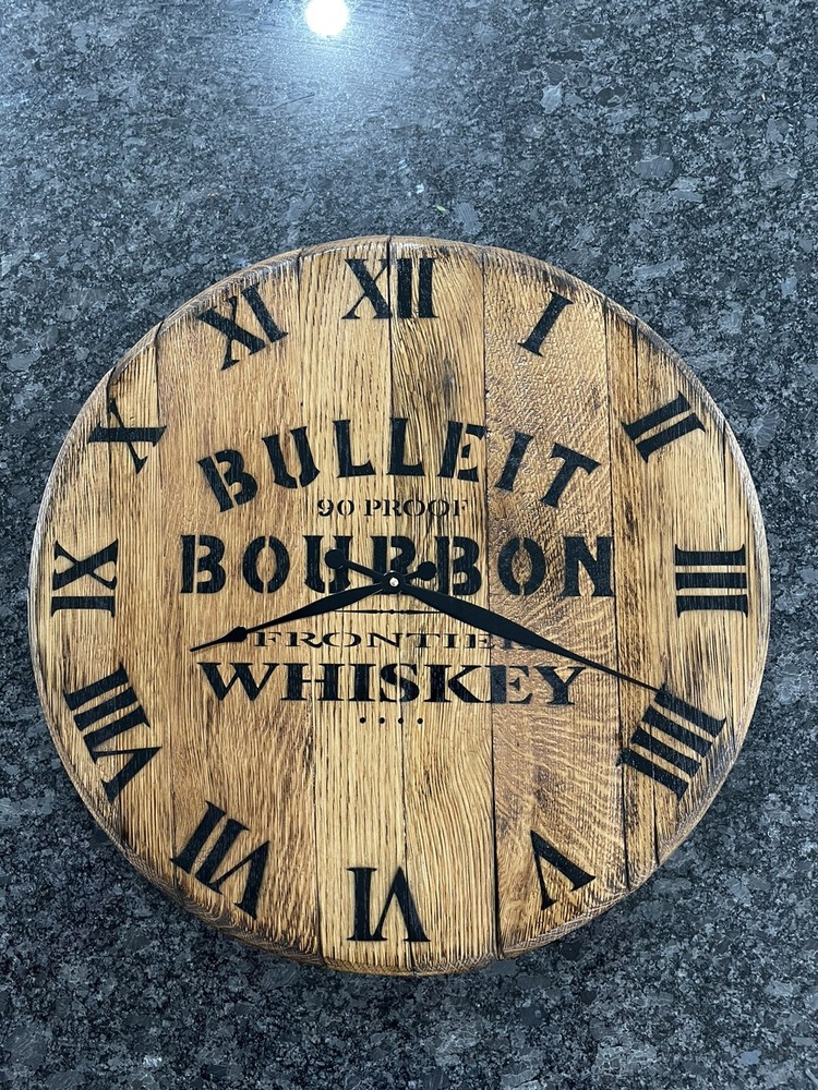 Authentic Bulleit Bourbon Barrel Head Clock 21.5” Dia.
