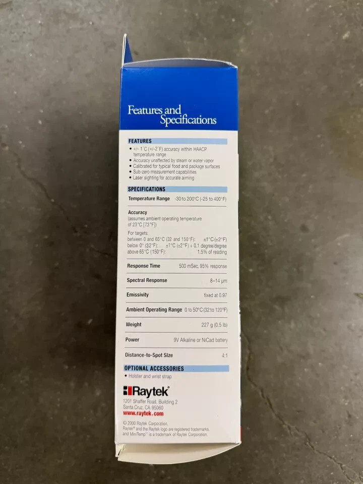 Raytek MiniTemp FS Noncontact Food Thermometer -25F to 400F Temp 9V Battery NEW