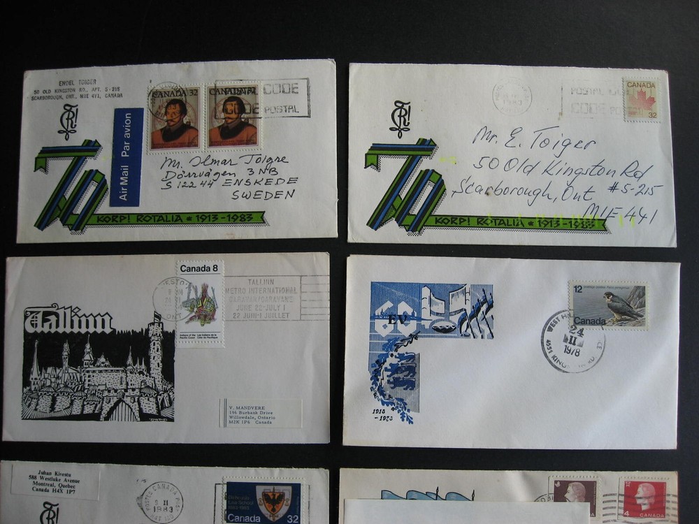 Canada Estonia cachets, labels etc on 8 covers, interesting group!