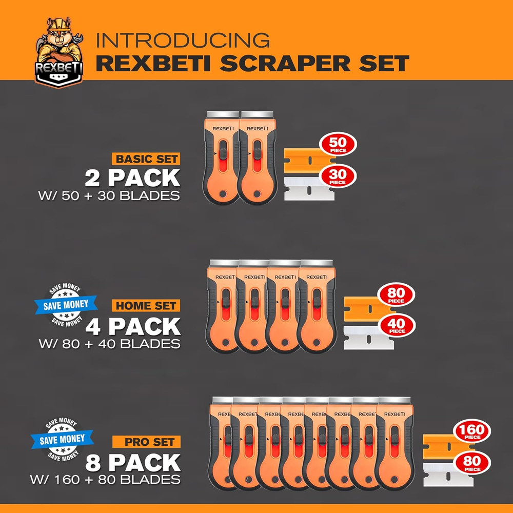 Razor Blade Scraper Tool, 2 Pack Razor Scraper Set with Extra 80Pcs Razor Blades