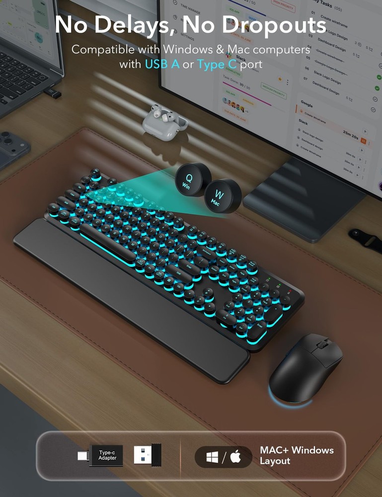 Wireless Keyboard and Mouse Backlit - Typewriter Keyboard with Magnetic Wrist...