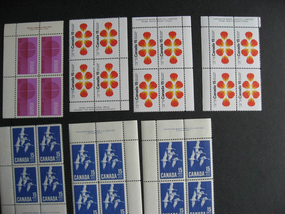 Canada 14 different better MNH 15c plate blocks, different positions count