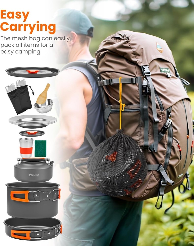 22Pcs Camping Cookware Mess Kit for 2, Lightweight Large, Silver, Orange