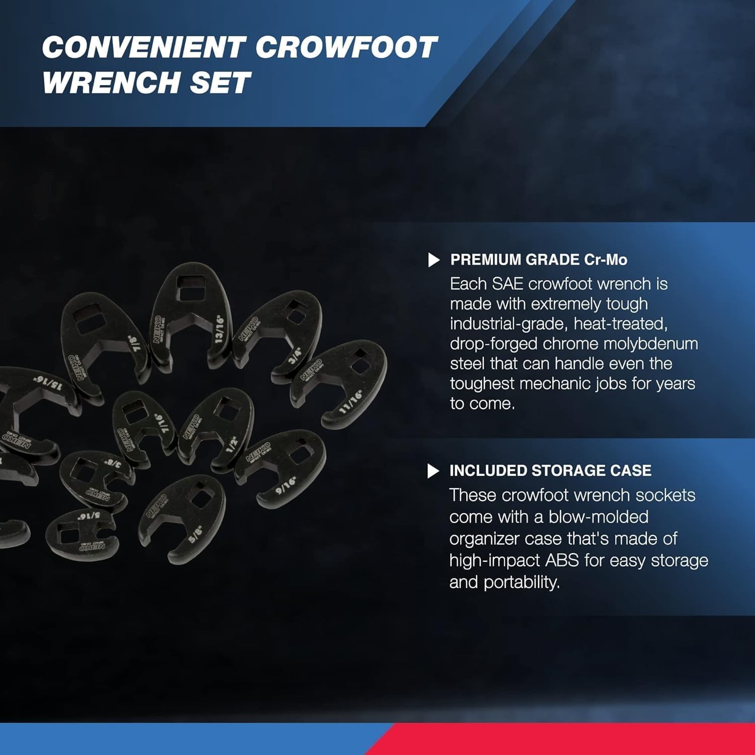 Neiko 03323A Crowfoot Wrench Set 1/2 and 3/8” Drive, 12 Piece, SAE Crows Foot