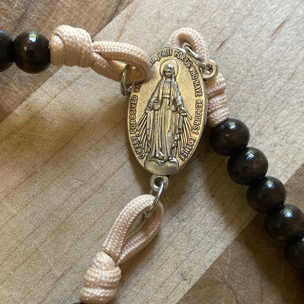 Sleeping Saint Joseph Wood & Cord Rosary 8mm Beads Trinity Crucifix 15.5”