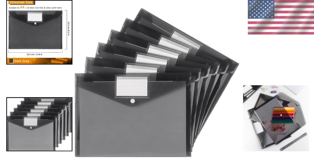 Translucent 6 Pack Plastic Envelopes with Snap Button & Label Pocket - Dark Grey