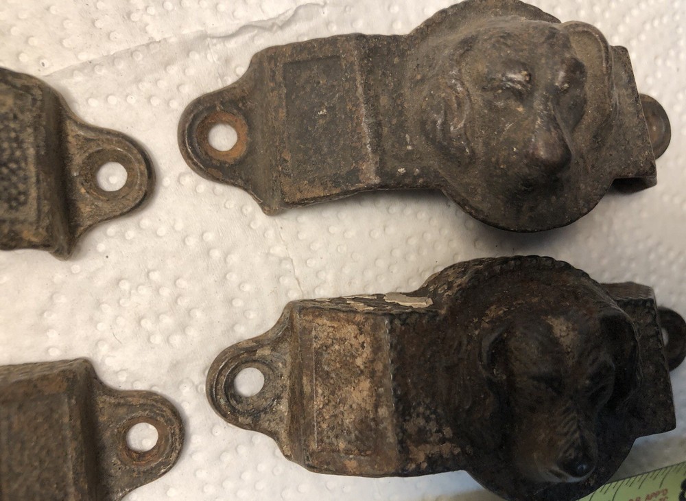 4 Antique Dog Head Drawer Pulls