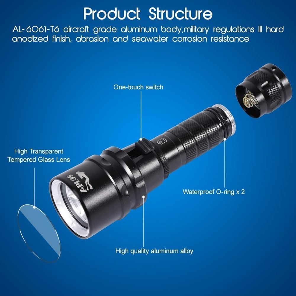 Compact 2000 Lumens Scuba Diving Light, Waterproof Torch