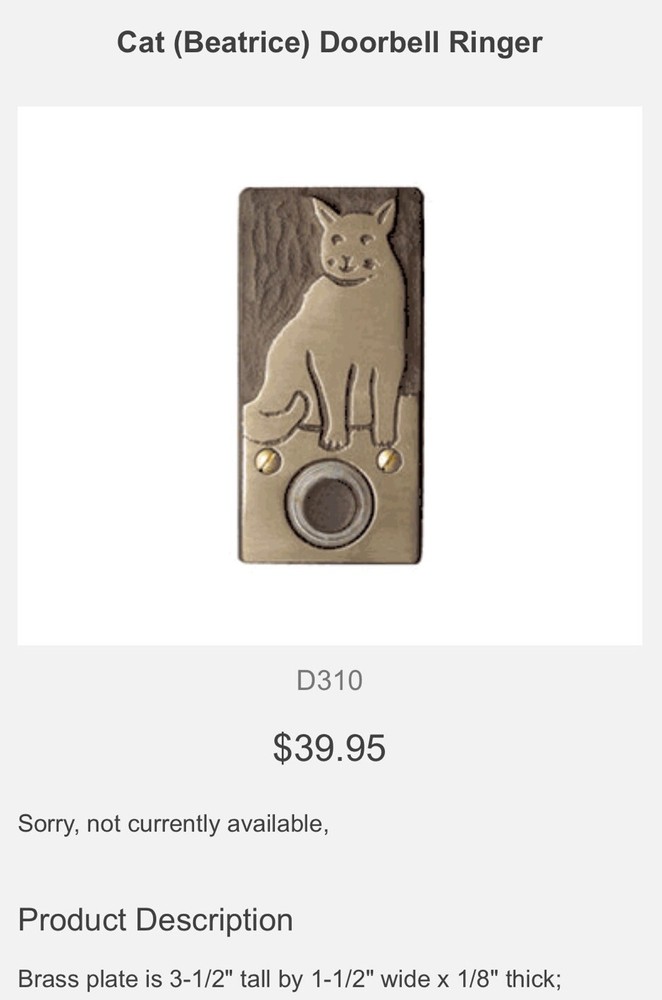 PAUL STRAUCH STUDIO Solid Brass CAT Doorbell Plate / Cover