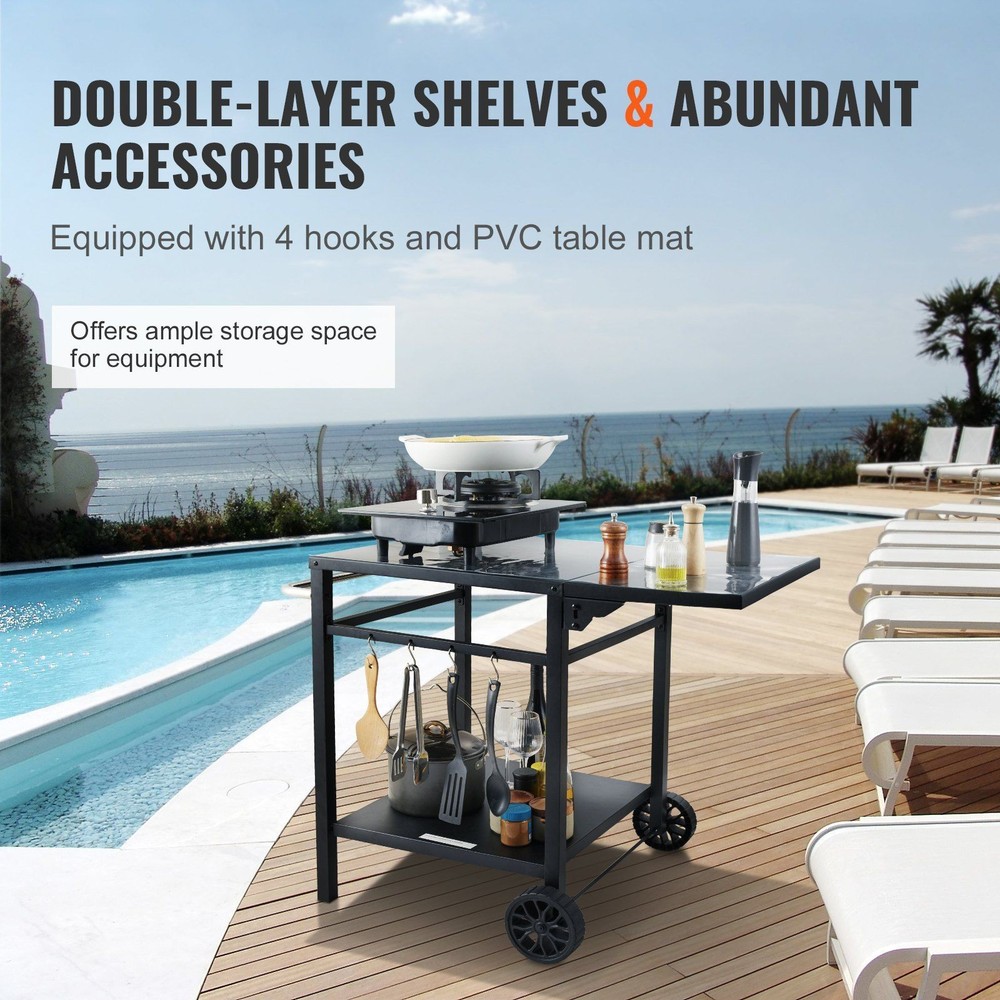 BBQ Prep Cart: Iron Frame, Double Shelves, Foldable Side Table, 220lb Capacity