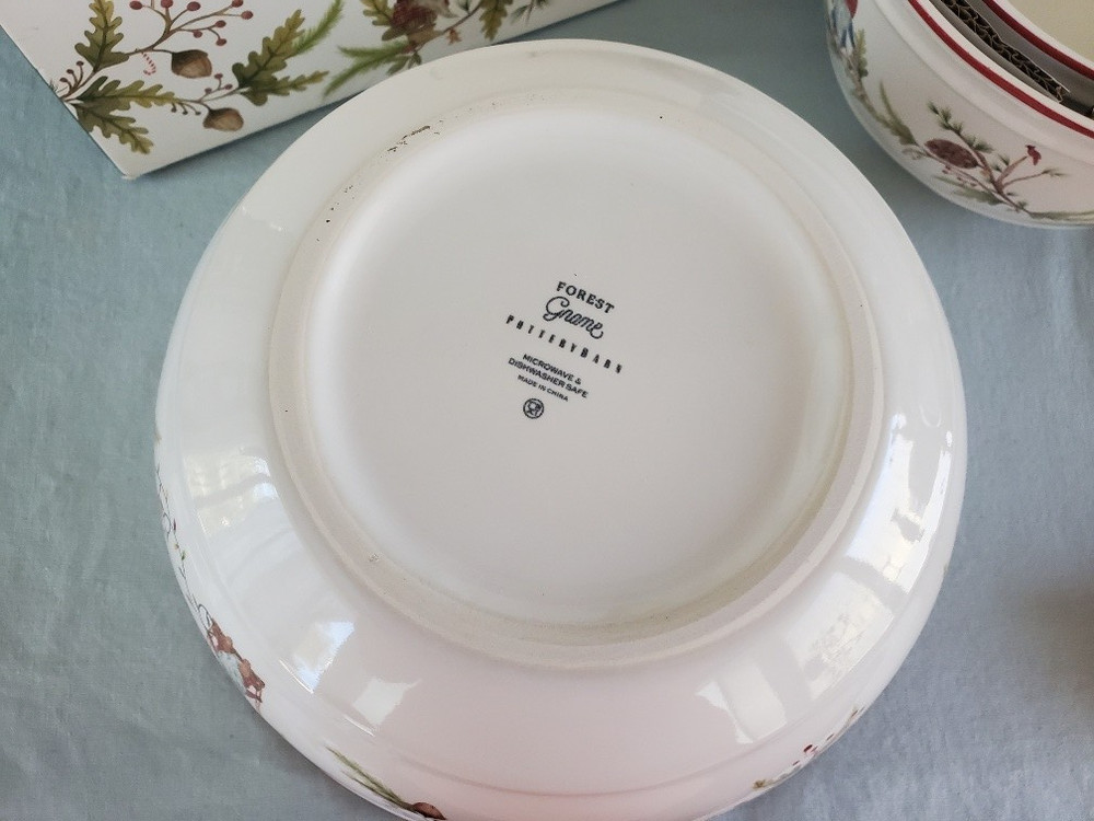 Pottery Barn Forest Gnome Three Mixing Bowls Nesting 3 pc Set with Original Box