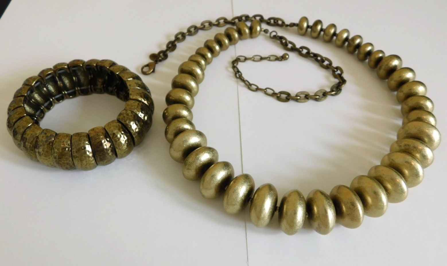 Vtg JOAN RIVERS Brass Tone Graduated Disc Bead Necklace & Stretch Bracelet Lot