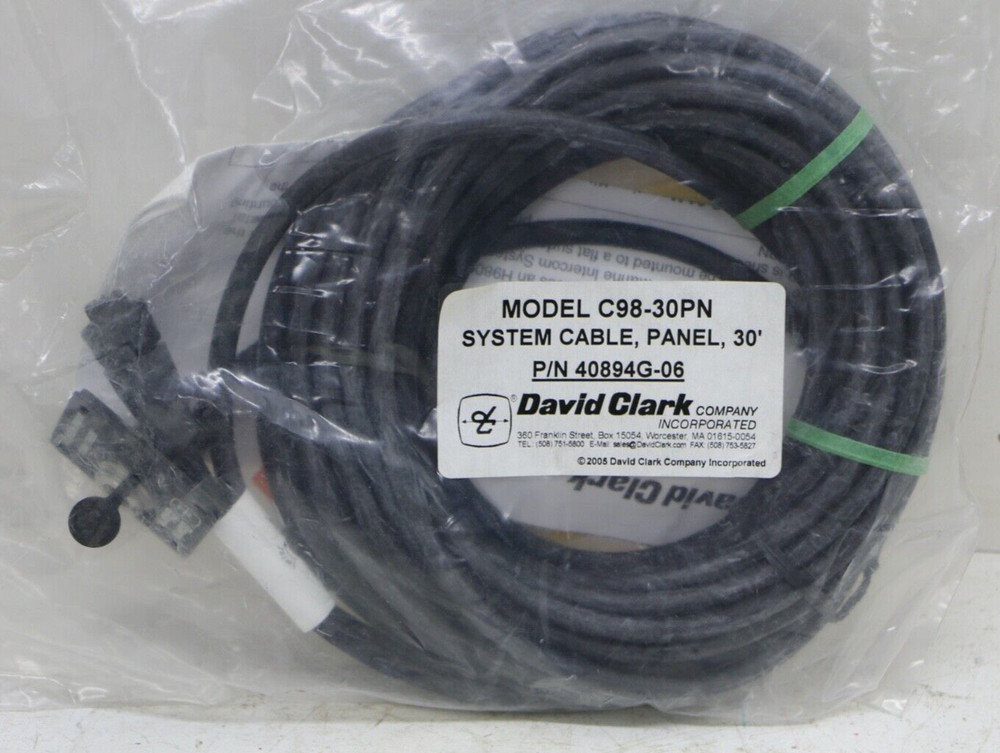 David Clark Marine Intercom #40894G-06 Model C98-30 30' Panel Mount System Cable