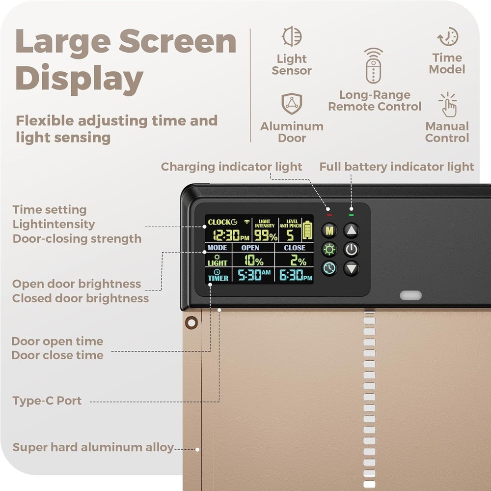 Solar Automatic Chicken Coop Door Opener with Timer Light Sensor Remote Control
