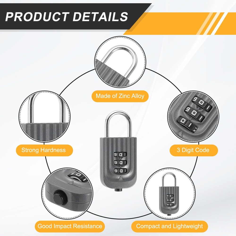 Resettable 3 Digit Combination Lock Code Padlock, Gray (65 x 30mm)