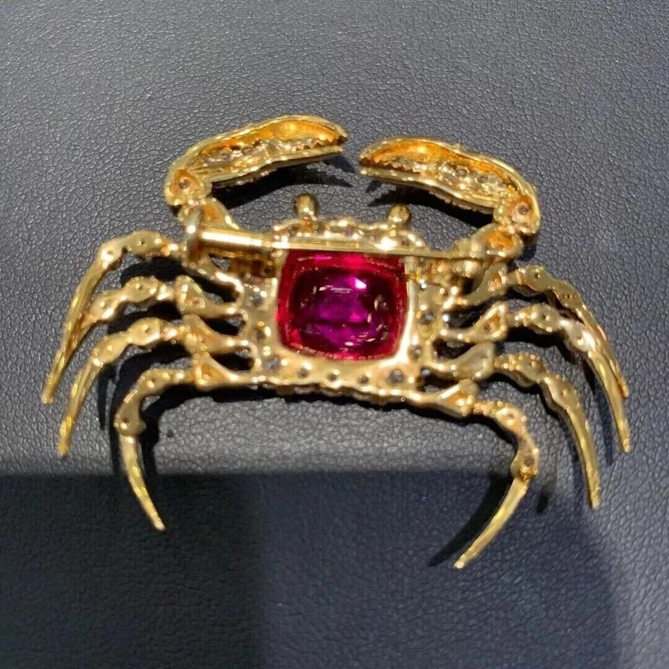 4Ct Cushion Cut Simulated Pink Ruby Crab Shape Brooch Pin 14k Yellow Gold Plated