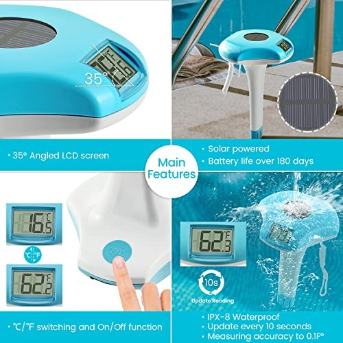 Solar Digital Pool & Spa Thermometer, Weather Resistant Floating Blue