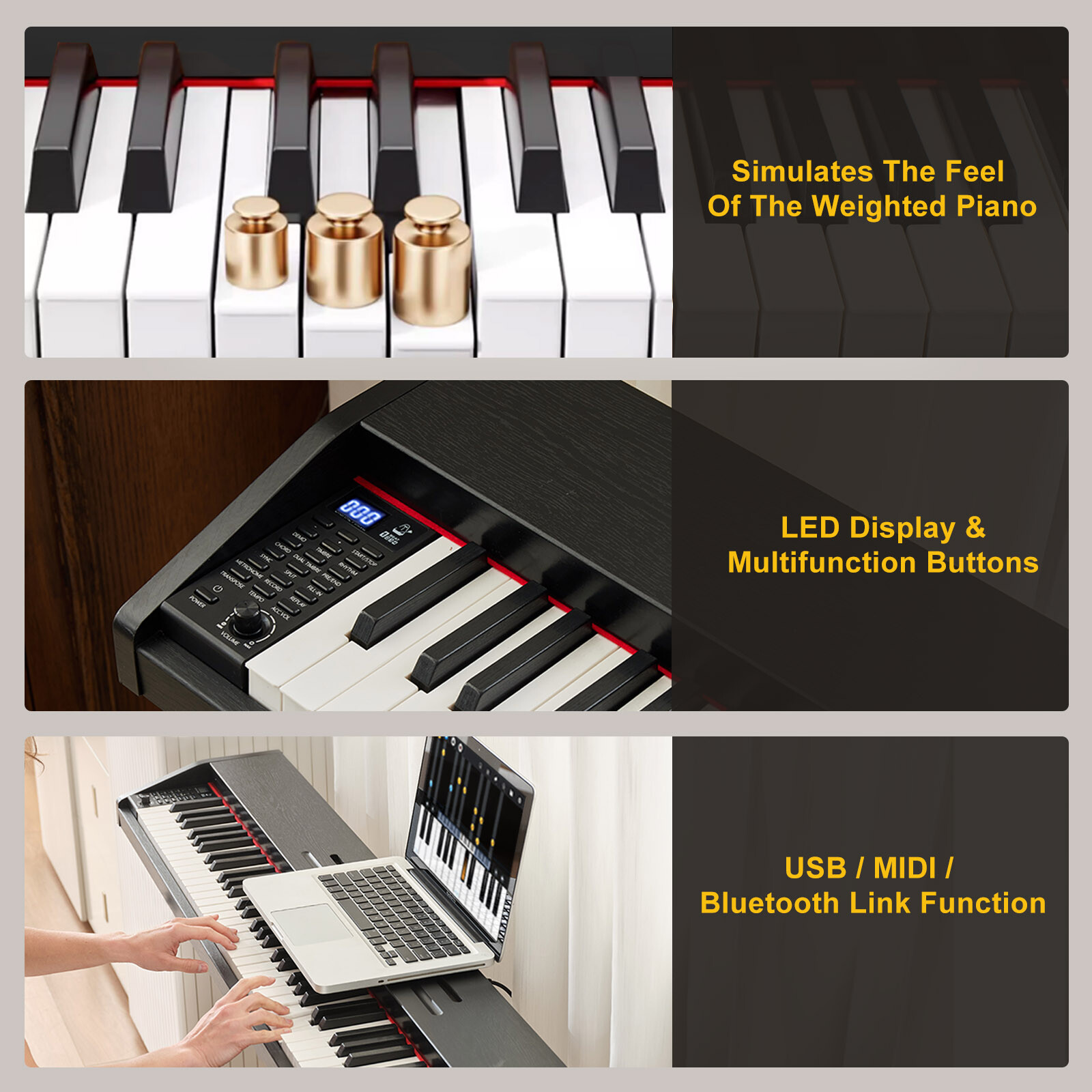 MUSTAR 88-Key Semi Weighted Digital Piano with MIDI, Triple Pedal