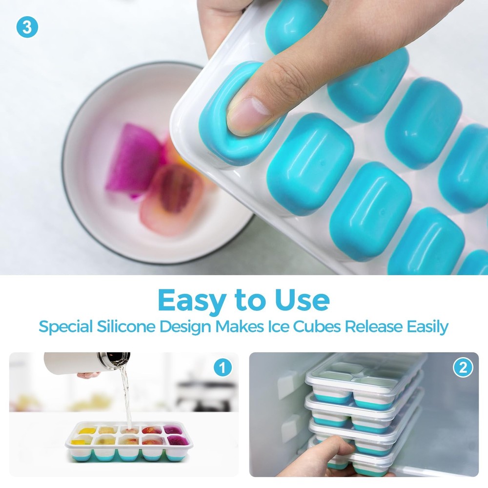 DOQAUS Ice Cube Tray with Lids - 4 Pack Stackable 7.2"*4.1"*1.3", Light Blue
