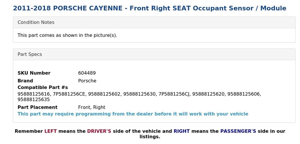 2011-2018 PORSCHE CAYENNE - Front Right SEAT Occupant Sensor / Module