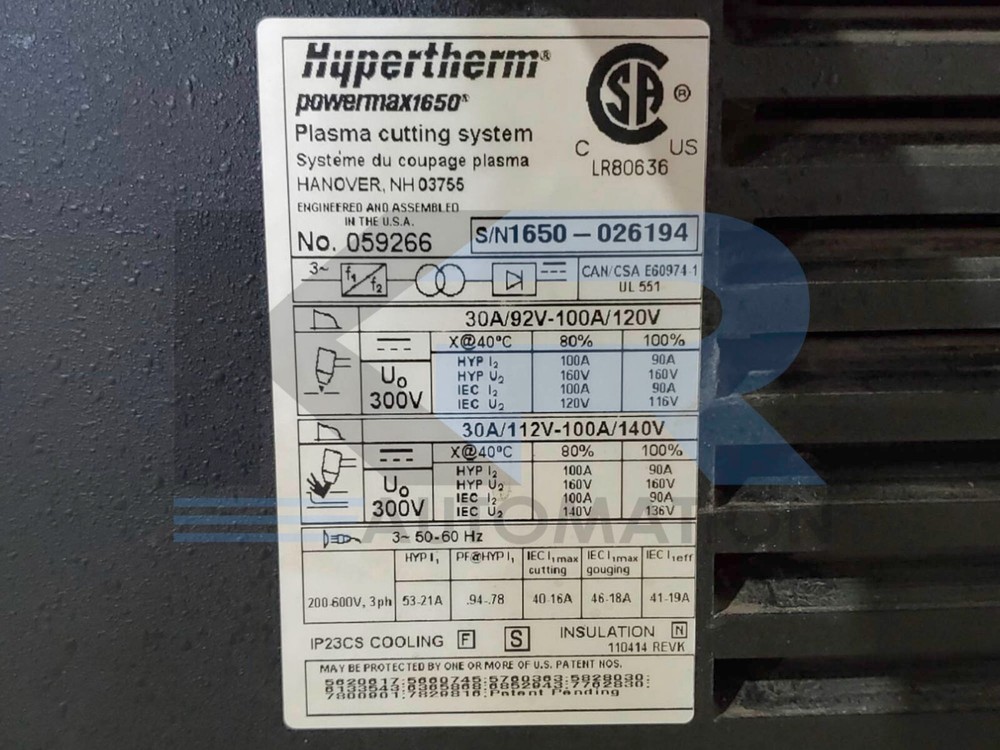 Hypertherm 059266 Powermax1650 Plasma Cutting System 30A/92V-100A/120V