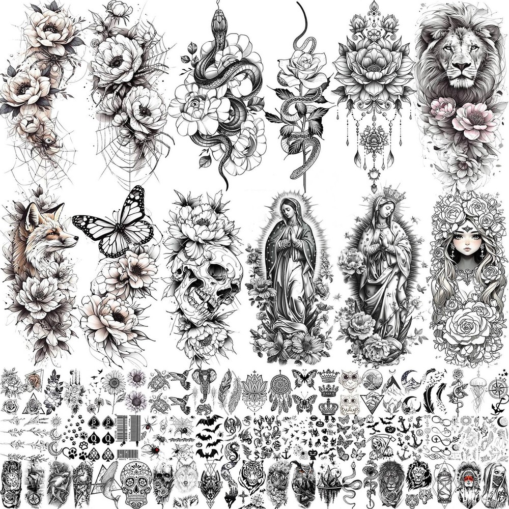 75 Sheets Black Realistic 3D Rose Flowers Temporary Half Sleeve,