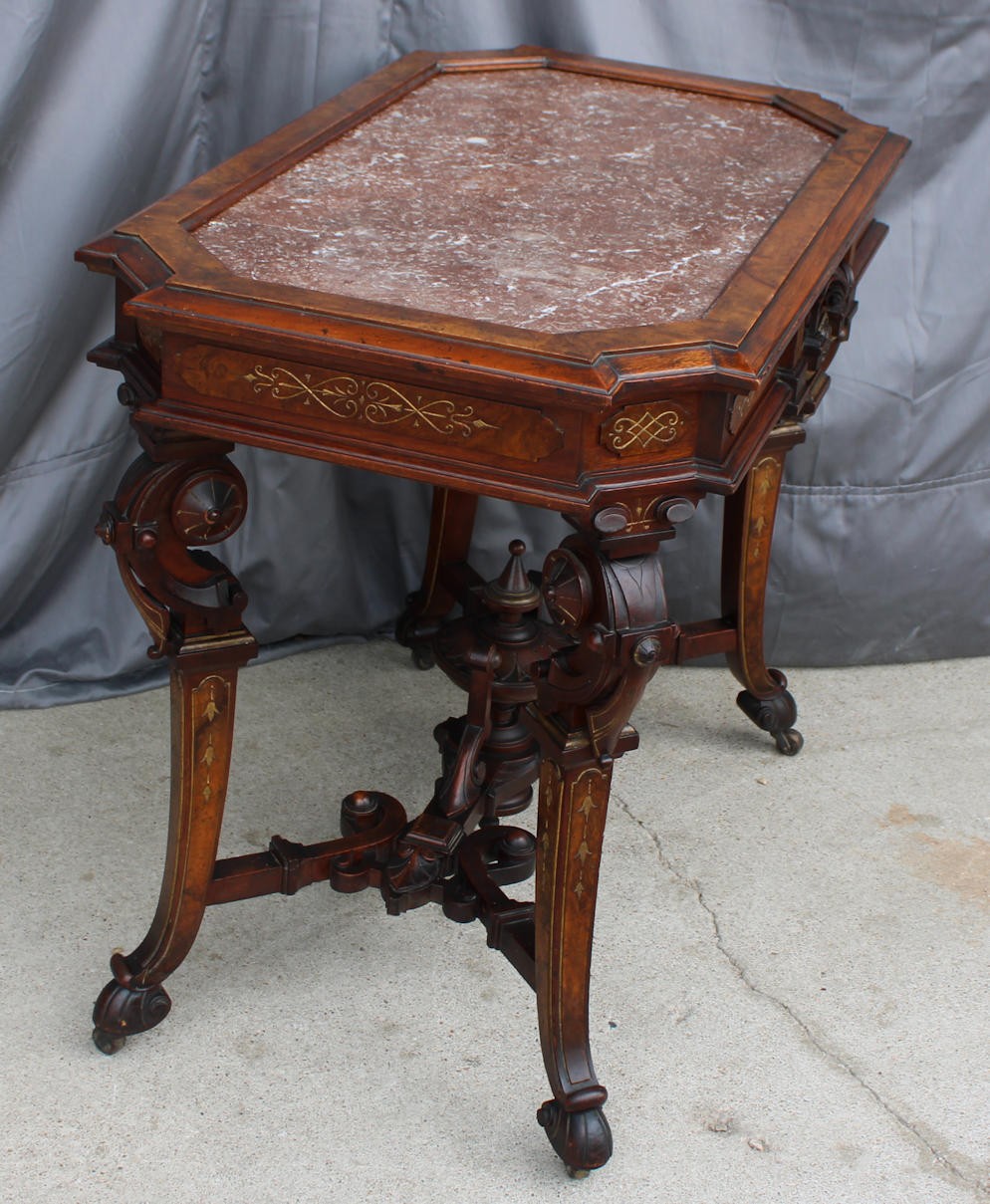 Antique Victorian Renaissance Revival Parlor table with framed Brown Marble top