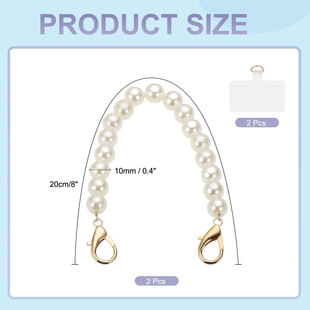 2Pcs Phone Wrist Strap 8" Cellphone Pearl Chain with Tether Tabs & Gold Clasp