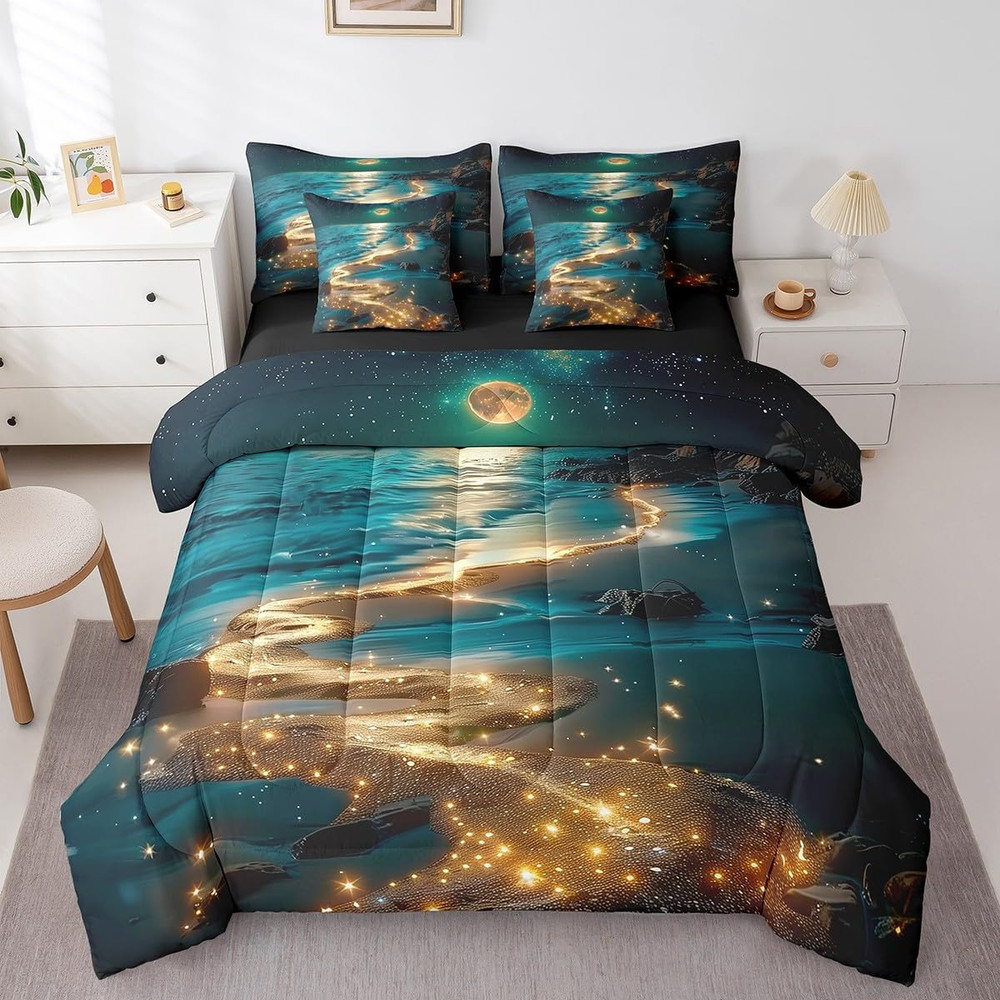 Moonlight Beach Comforter Set 7 Pieces Queen Size Seaside Moon Bedding Set for B