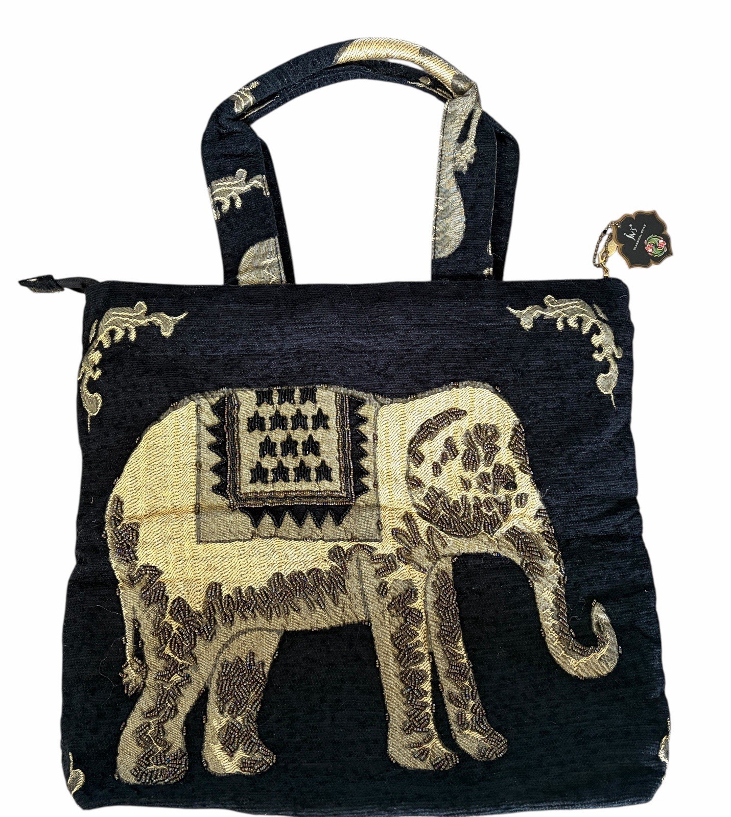 Elephant Themed Tote Bag Embroidered Black + Gold Asian Exotic Style