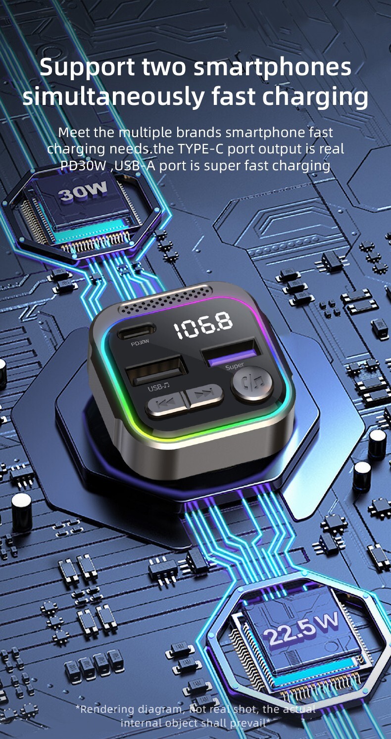 Car Bluetooth Transmitter & 30W Car charger dual port C & USB