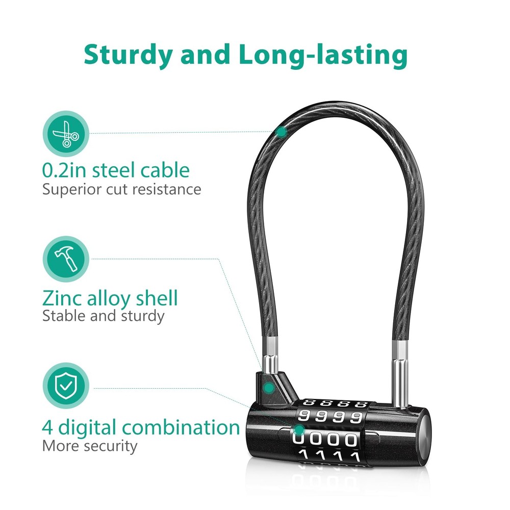 Long Shackle Combination Padlock, 4 Digit Combination Cable Lock, Resettable ...