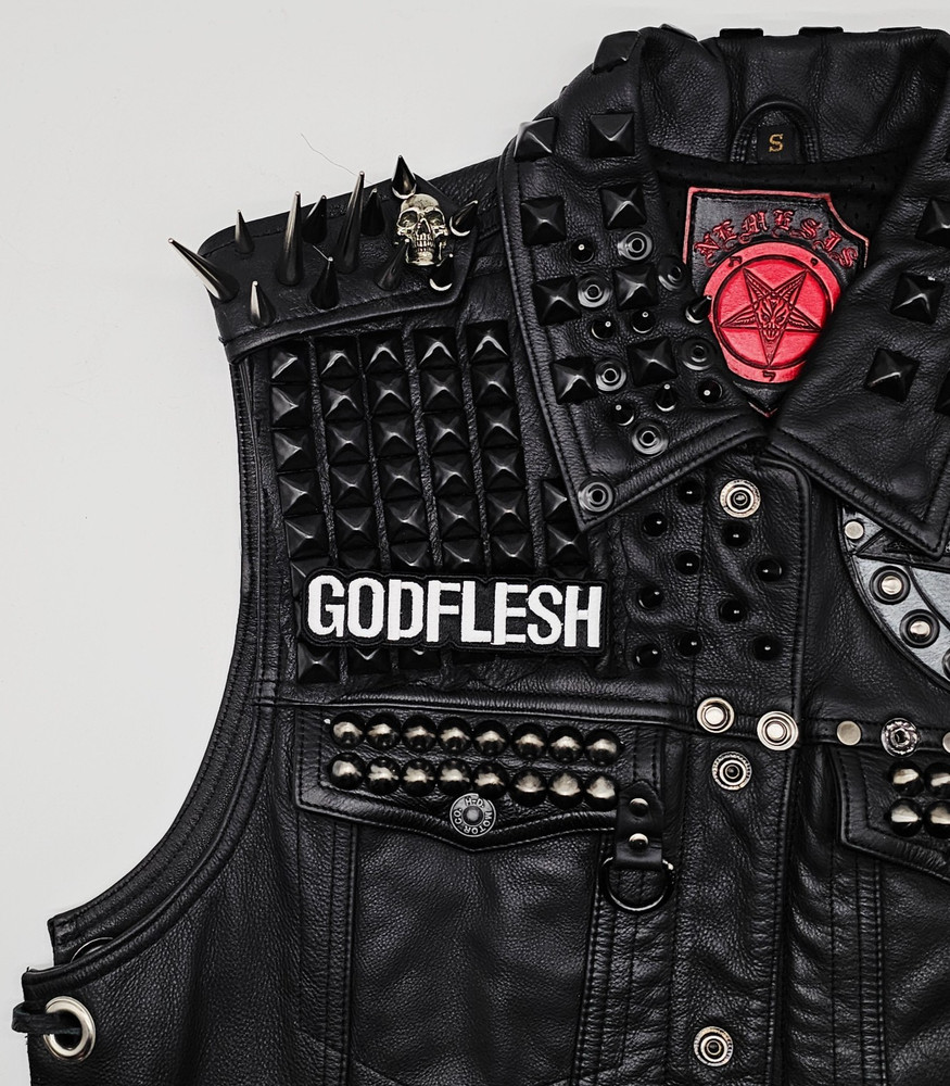 GODFLESH WHITE LOGO SHAPED BORDER EMBROIDERED PATCH