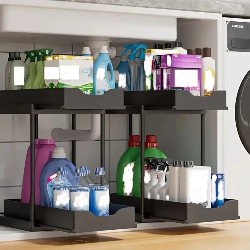 Double Layer Pull Out Kitchen Storage Rack Under Sink Organizer with Hooks