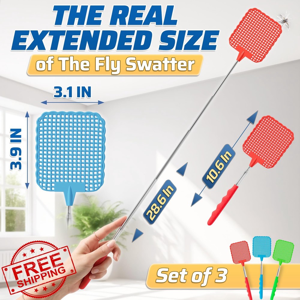 3-Pack Telescopic Fly Swatter | Extendable, Lightweight | Ergonomic Handle