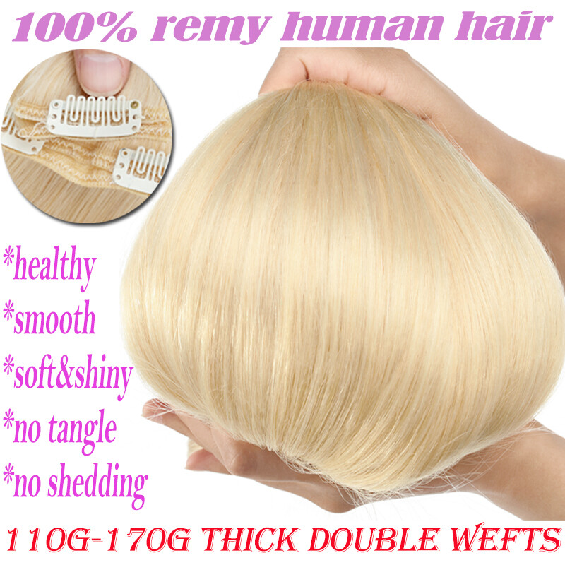 Thick Double Weft Clip In Real Remy Human Hair Extensions Full Head Highlight US