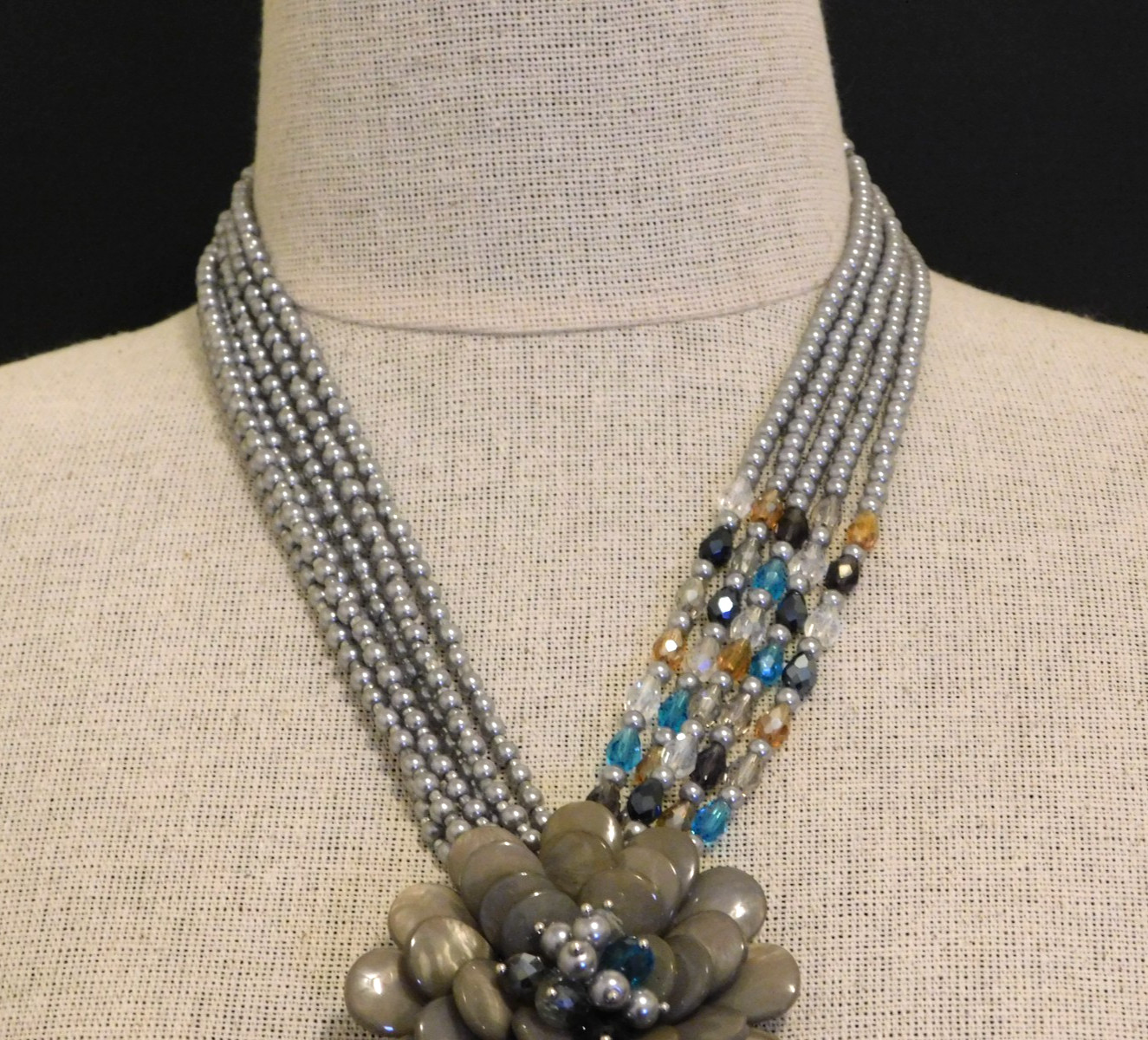 Vintage JOAN RIVERS Smoky Gray Starlet Floral Bead Statement Necklace