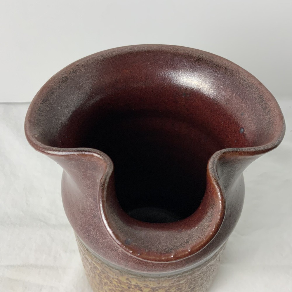 Speckled Brown Two Tone Art Pottery Pitcher Signed DA