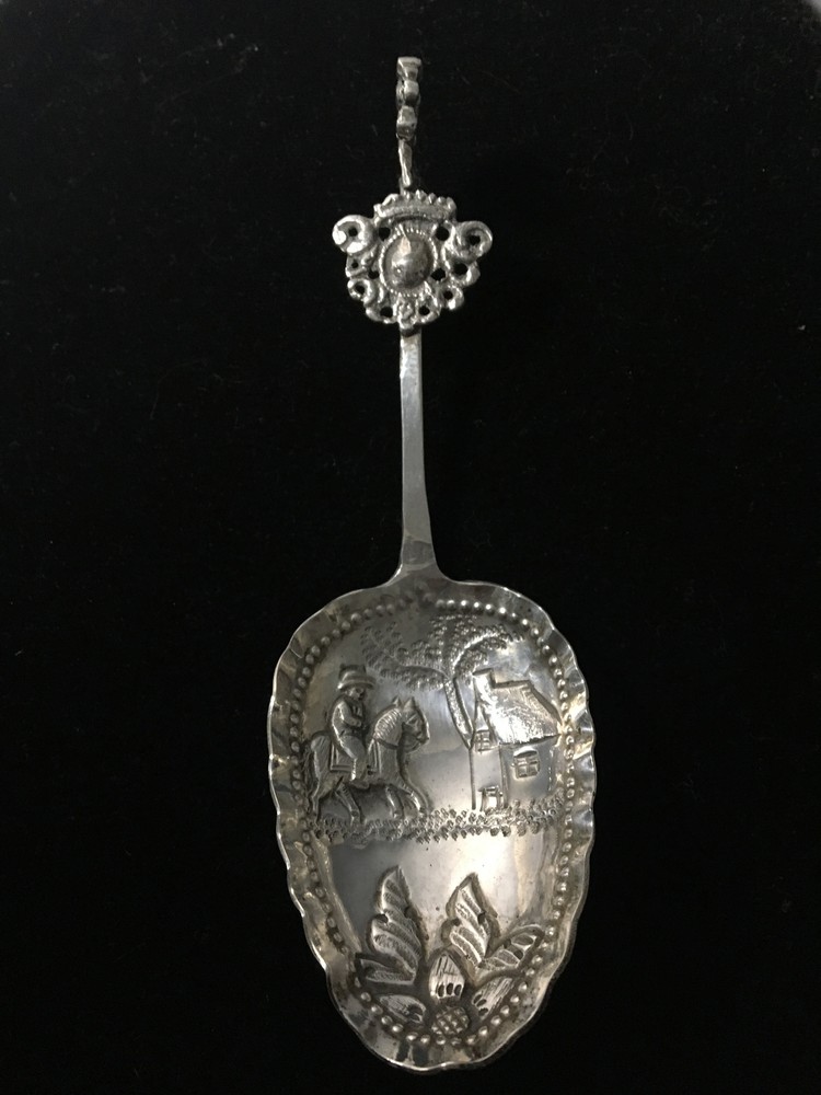 Antique Dutch Solid Silver Decorated Cream Spoon circa 1875