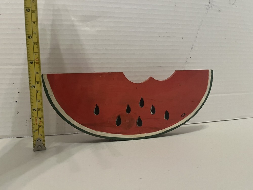 Folk Art Watermelon Slice Carved Wood Decor Rustic Primative Signed Initials ￼