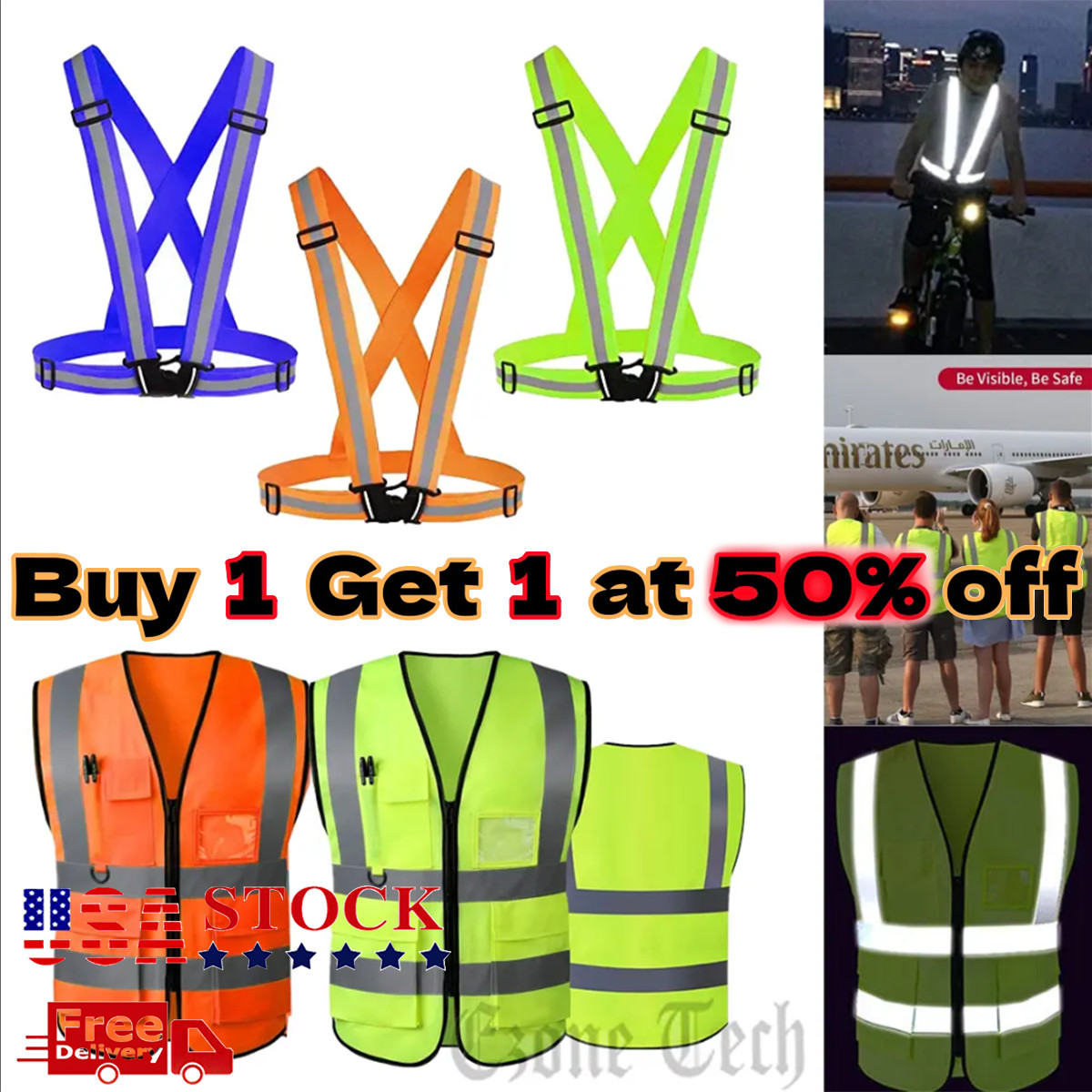 5 Pockets Safety Vest Reflective Belt Straps W/ High Visibility Stripes Security