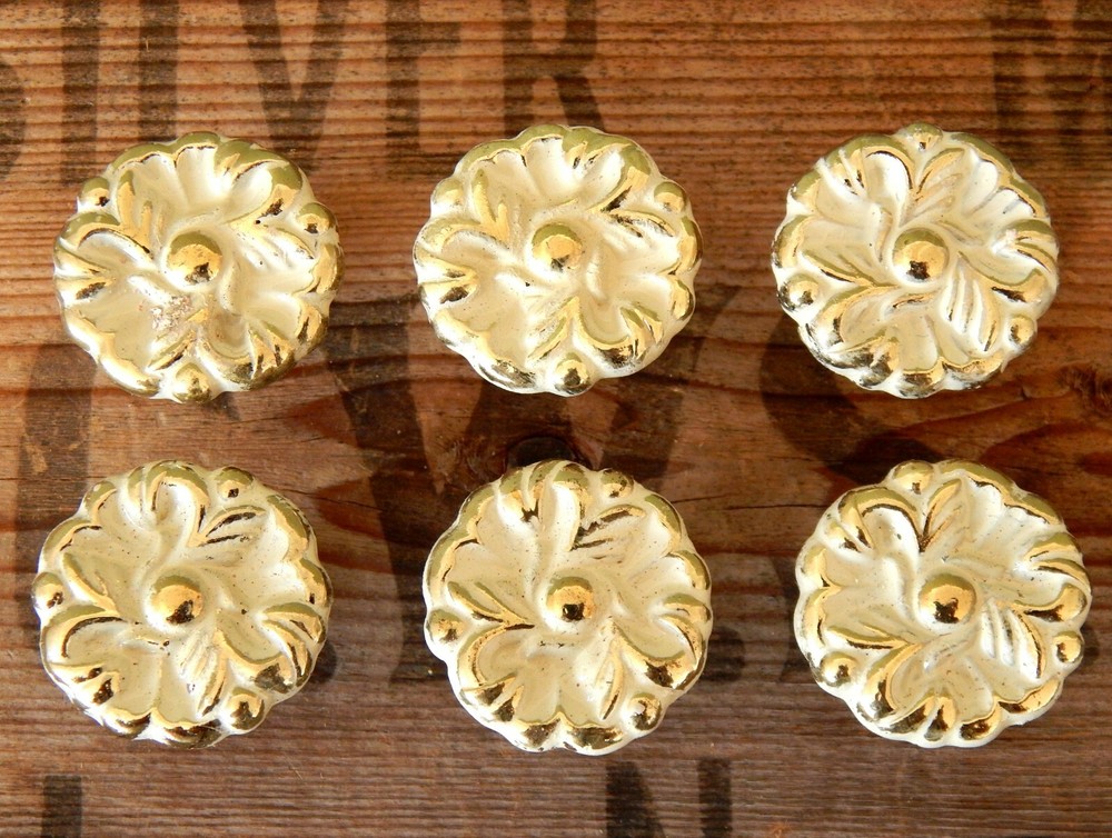 Vintage Set 6 x Mid Century MCM Retro Drawer Pulls Handles Knobs Ornate H7