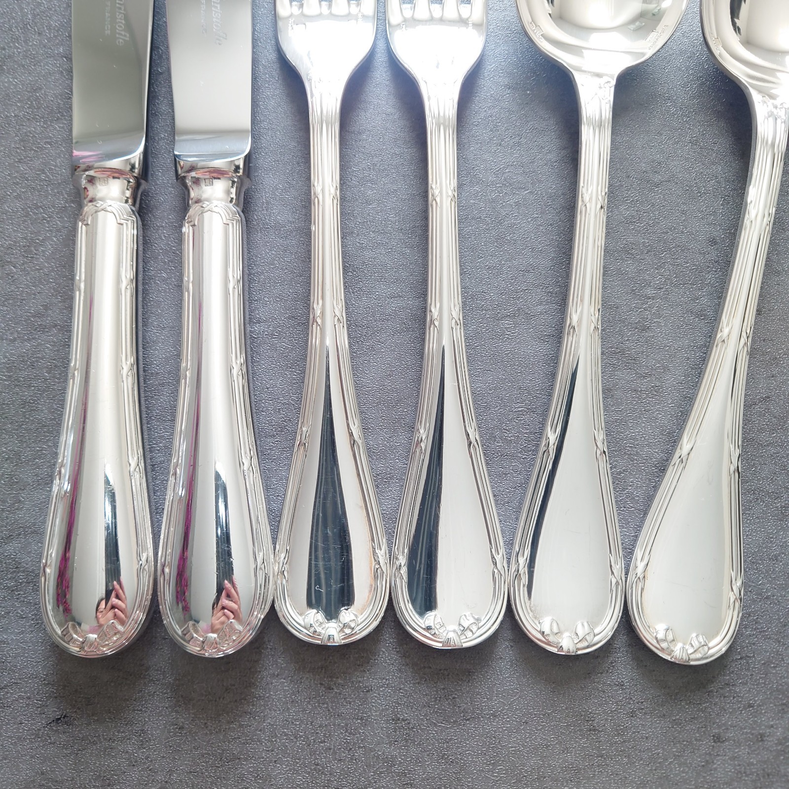 Christofle Rubans 6pcs Flatware Silverplated Table Knife Fork Spoon Excellent