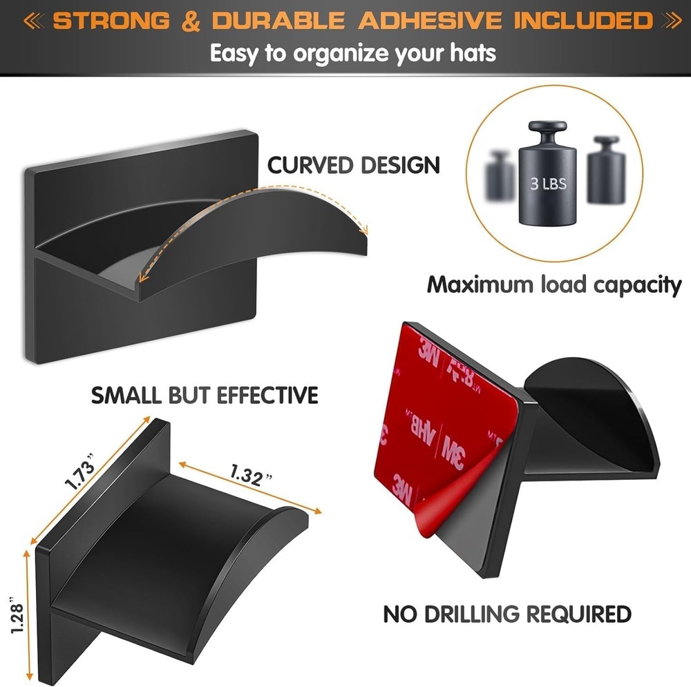Adhesive Hat Hooks for Wall (16-Pack), Rack 16PCS, ‎16PCS-Black