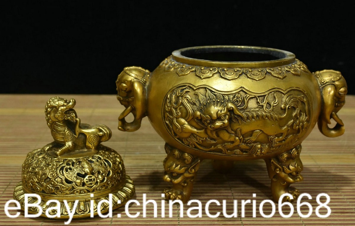 8.8" Marked Old China Copper Carving Dynasty Palace Qilin Elephant Ear Censer